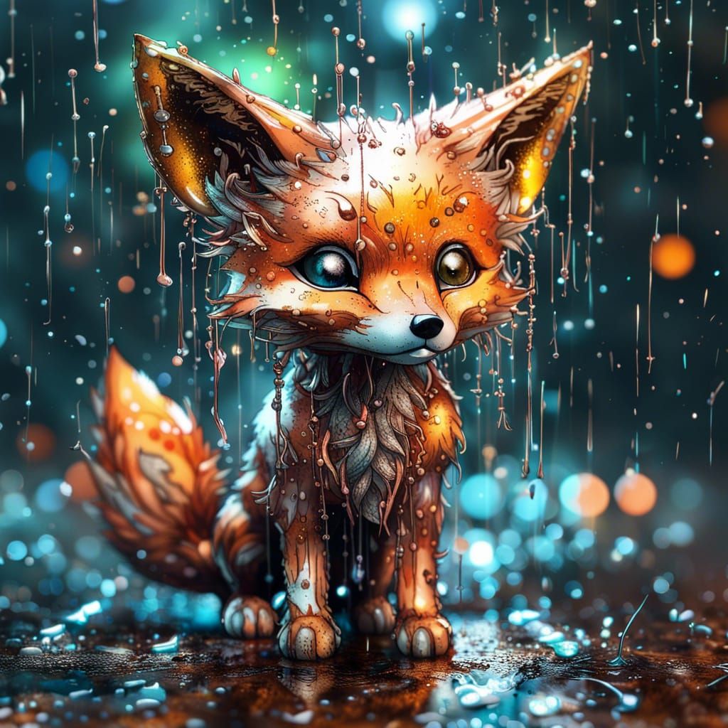 Chibi Fox with Prismatic Eyes in Rain, Detailed 8K