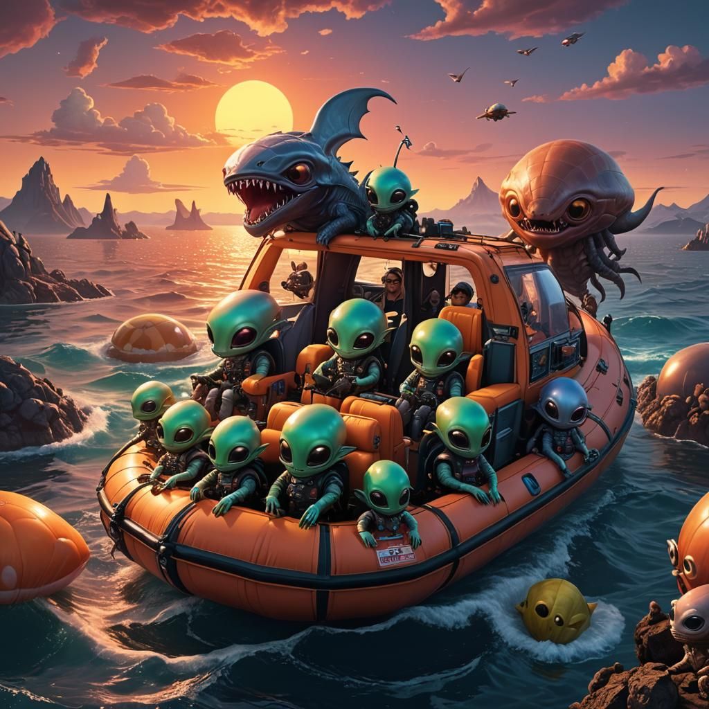 Aliens in Lifeboat at Sunset: Hyperrealistic D&D Style