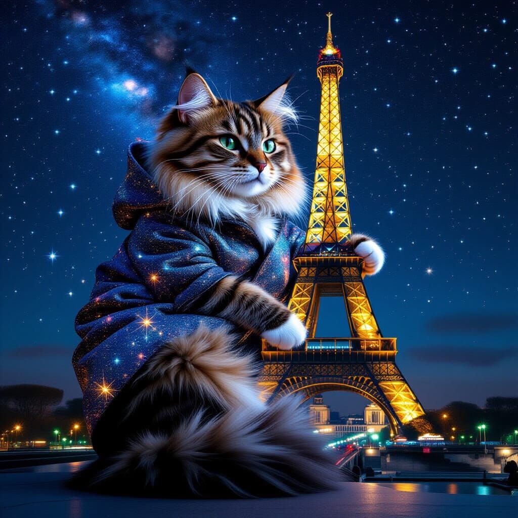 Cosmic Cat Curled Around Eiffel Tower: Hyperrealistic Art