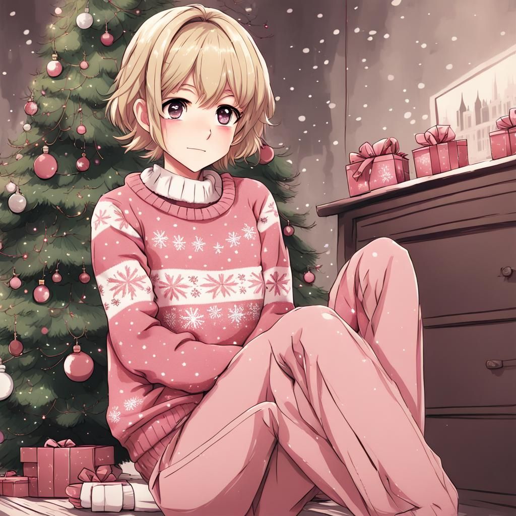 Girl With Christmas Sweater in Anime Style