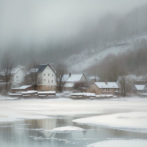 Watercolor Village in Snow - Impressionistic Style