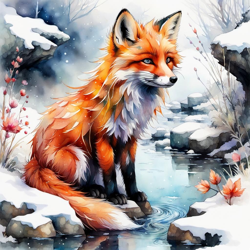 Watercolor Fox Cub in Winter Wonderland