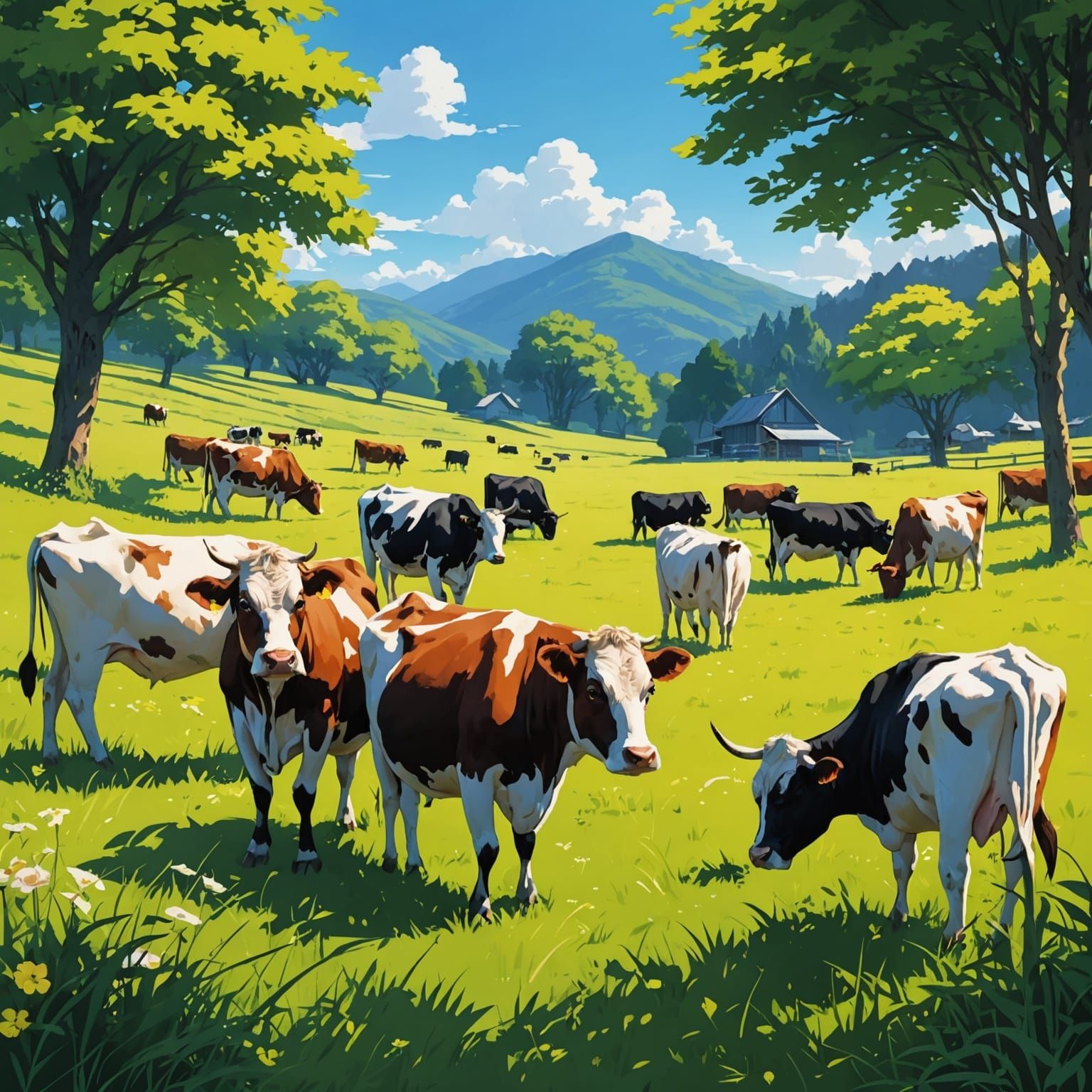 Cows Grazing in Anime Style