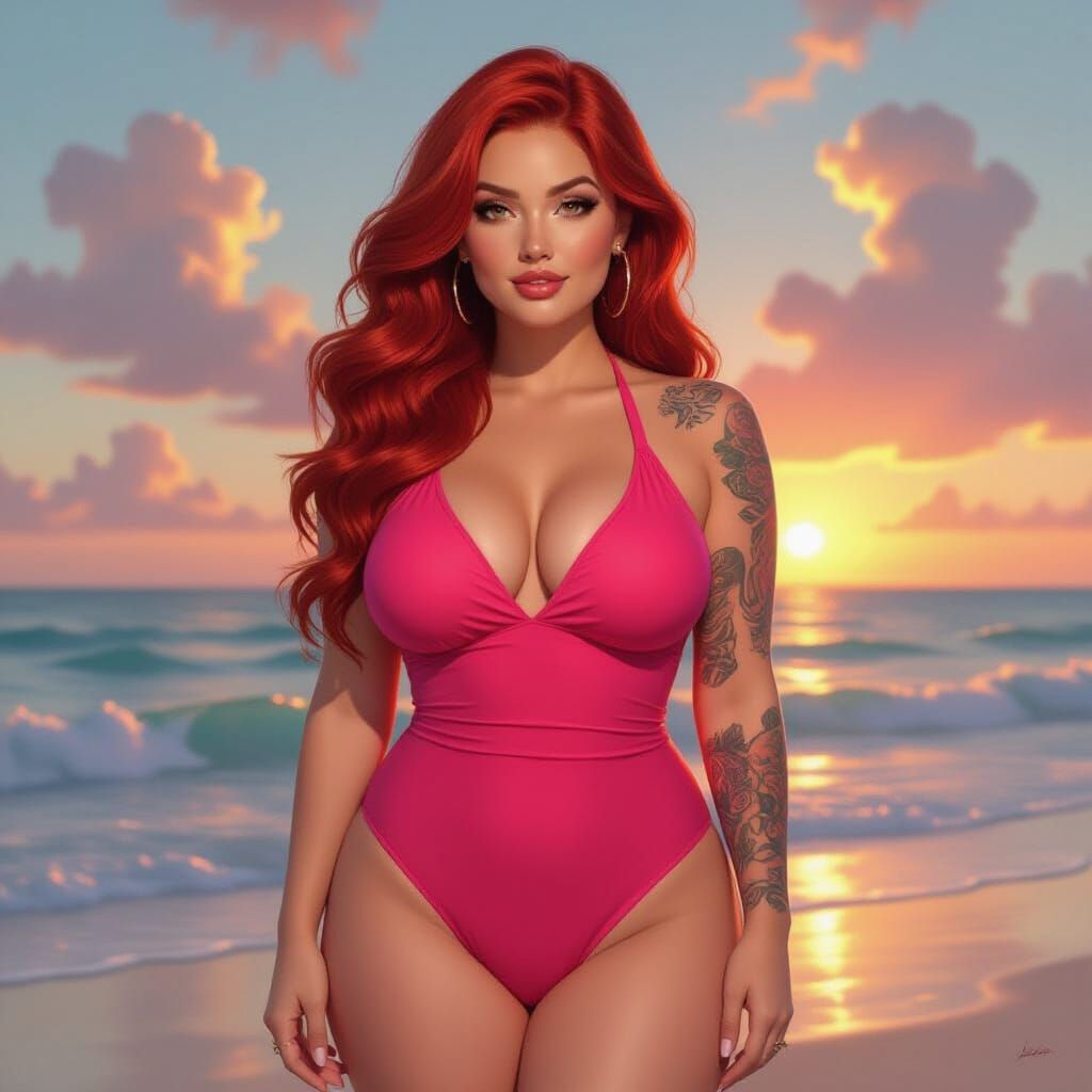 Sunset Beach Pin-Up: Fiery Haired Woman in Pink Swimsuit