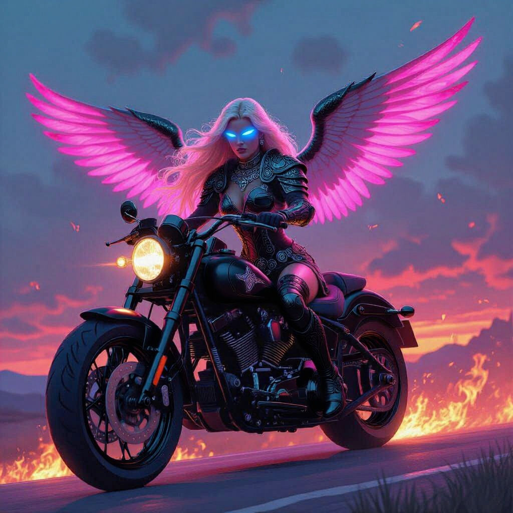 Valkyrie Descends on Winged Motorcycle in Heroic Fantasy Sty...