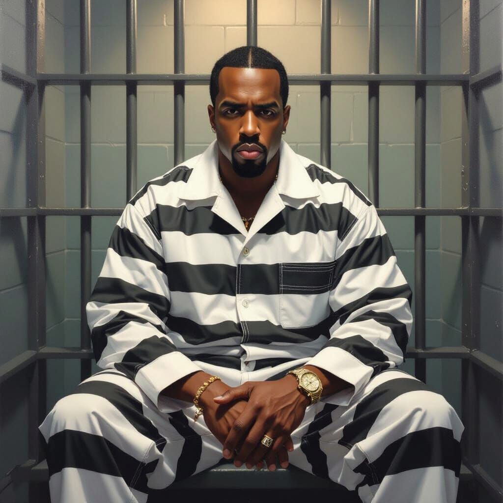 Man in Prison Uniform with Somber Expression