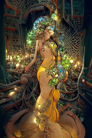 Hindu Goddess with Gold Headdress and Vines