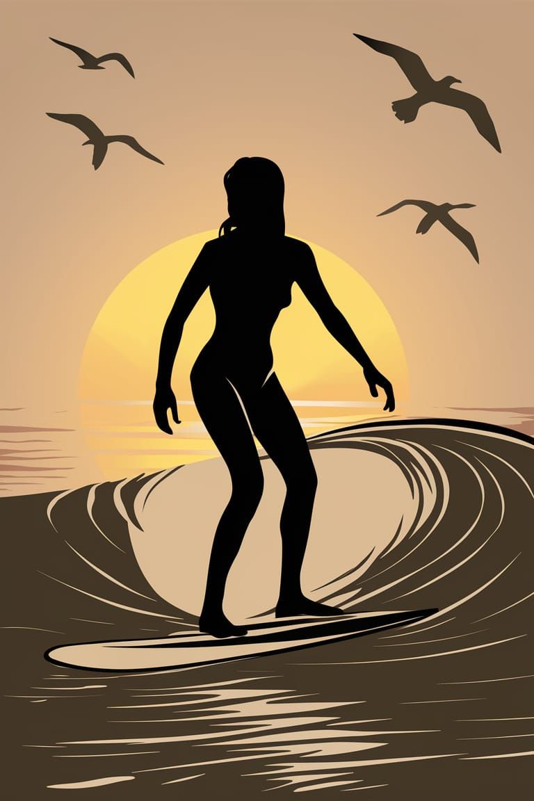 Female Surfer at Sunset: Minimalist Vector Art