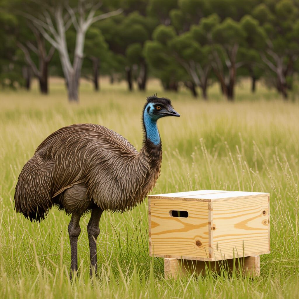 Curious Emu Investigates Wooden Box in Tall Grass