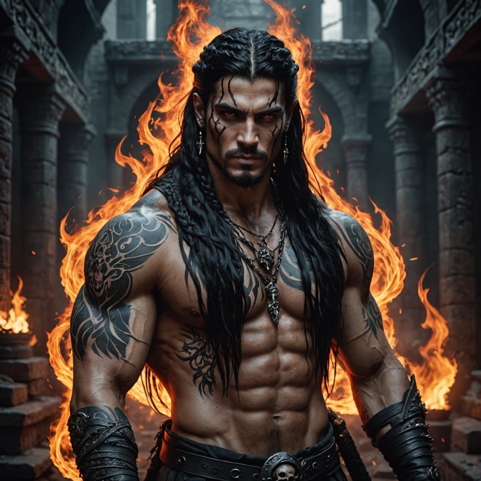 Epic Braided Warrior in a Fiery Dungeon