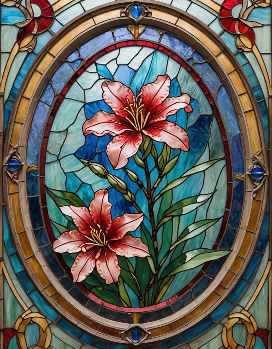 Stained Glass Oleander in Oval Frame