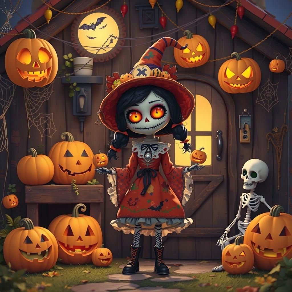 Voodoo Doll Halloween Cottage in Anime Style