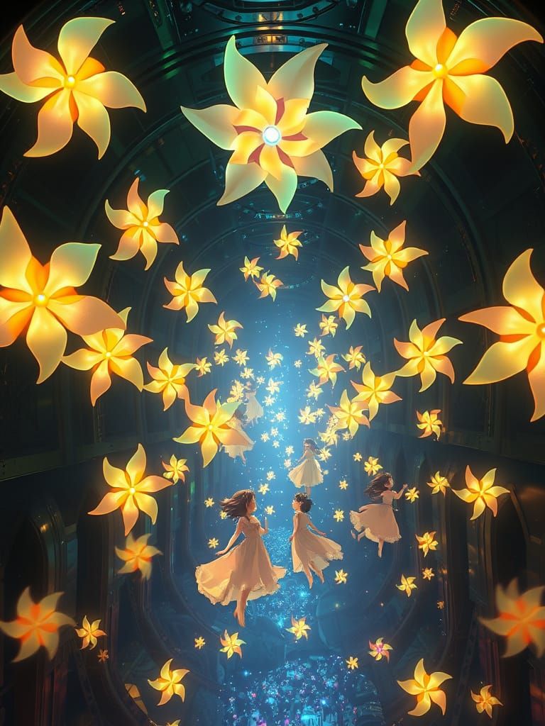 Anime Girls with Bioluminescent Pinwheels in Ghibli Style