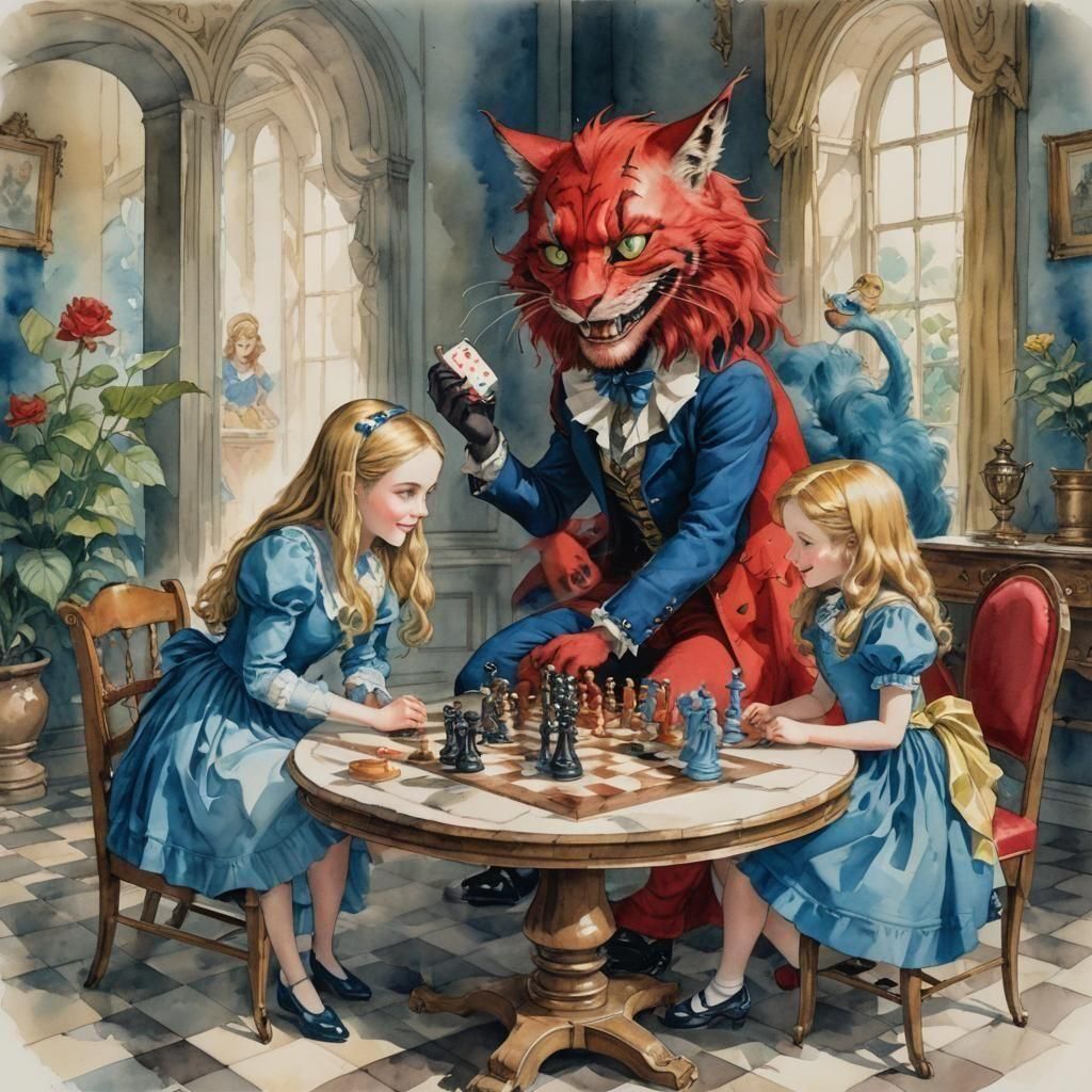 Alice in Wonderland Chess Game Watercolor Painting