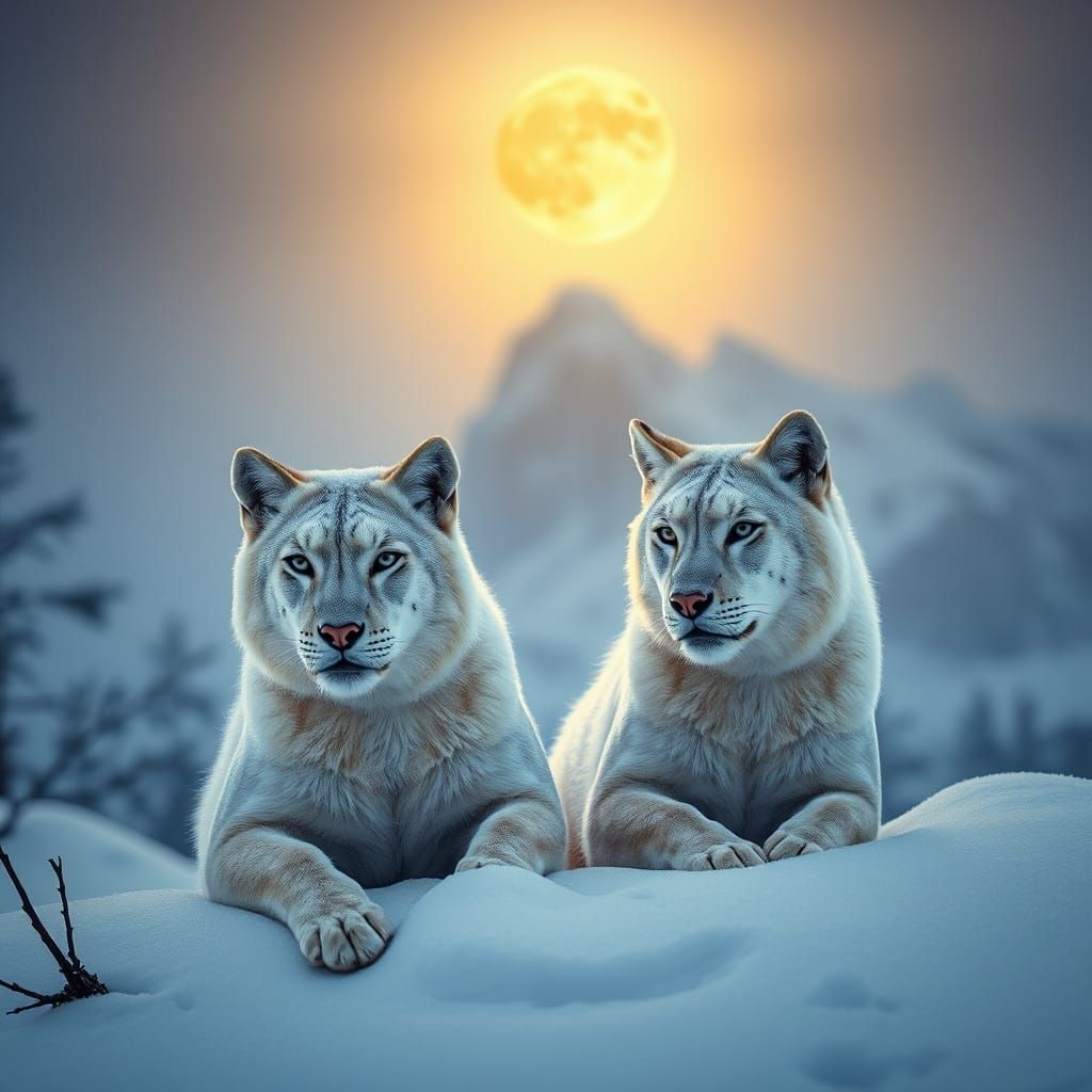 White Wolves Running in Snow Under Full Moon