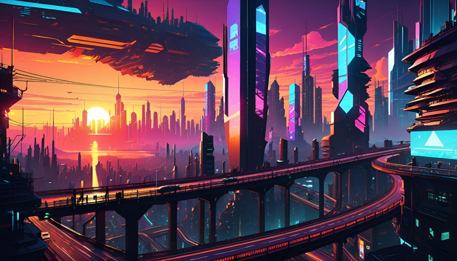 Cyberpunk Metropolis Sunset in Abstract Vector Art