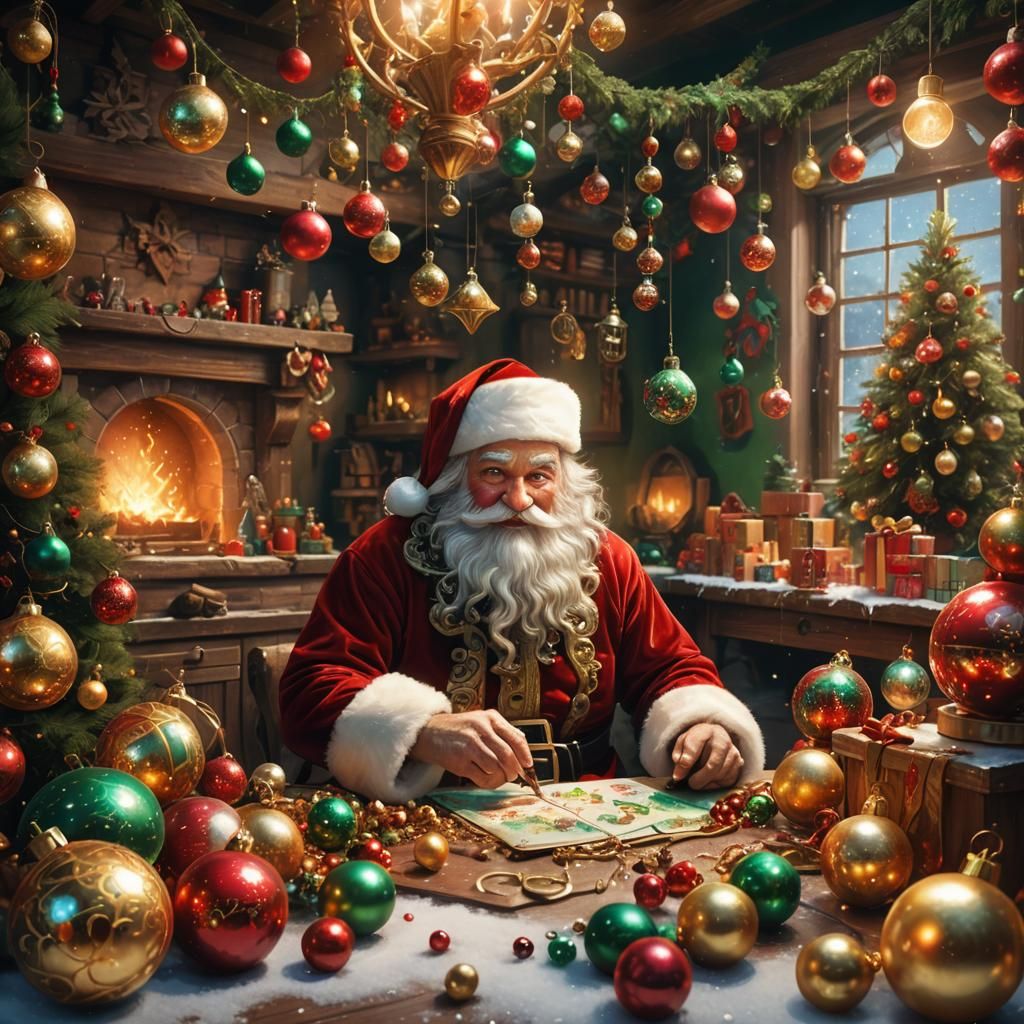 Festive Christmas Fantasy Oil Painting of Santa's Workshop