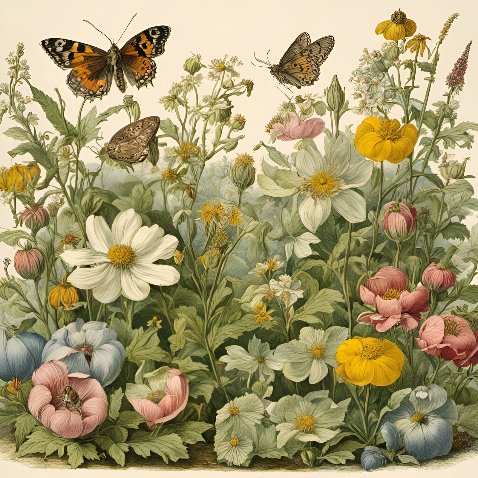 Fairies in Overgrown Garden: Victorian Botanical Illustratio...