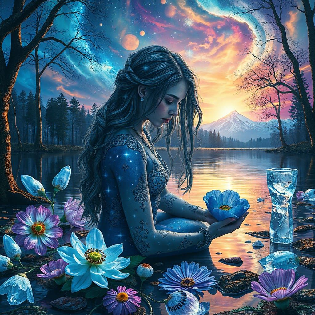 Cosmic Woman with Star Hair and Bioluminescent Patterns