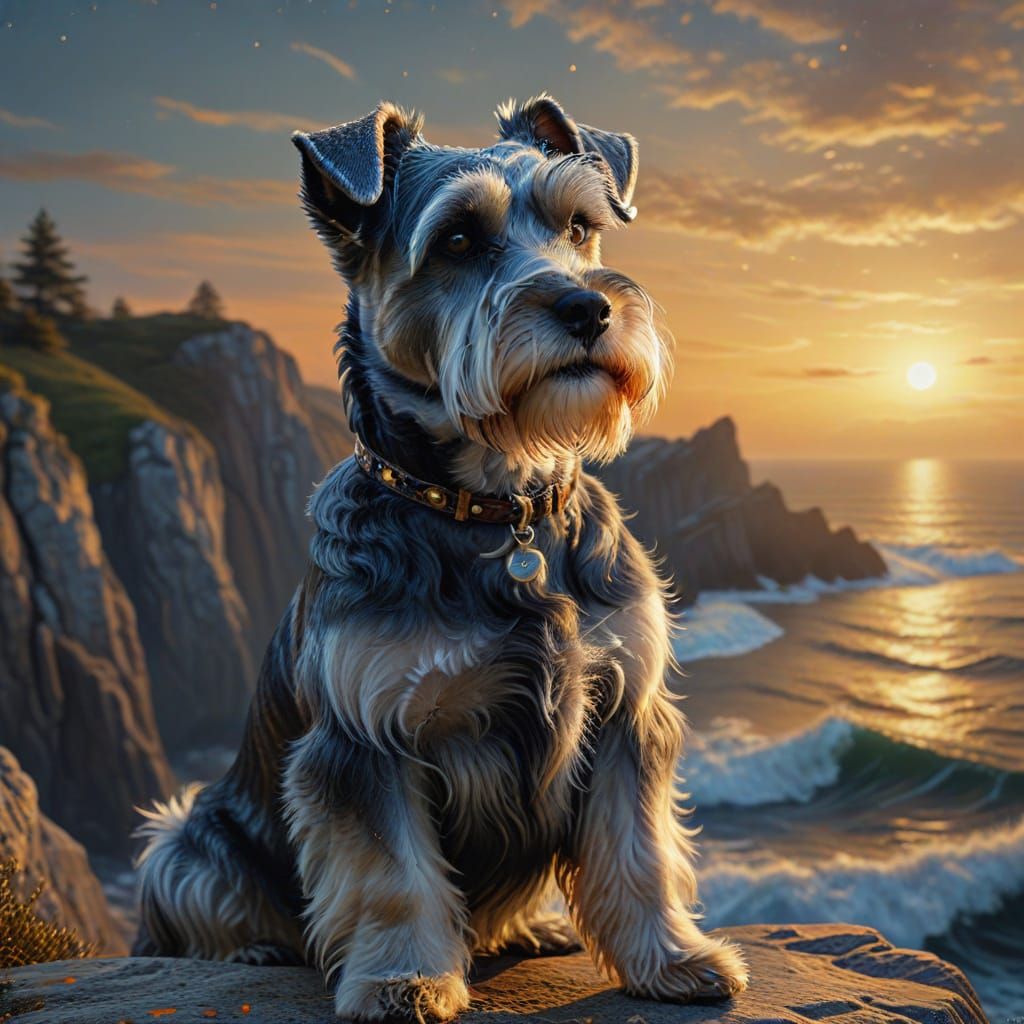 Majestic Schnauzer on Cliff in Renaissance Oil Painting