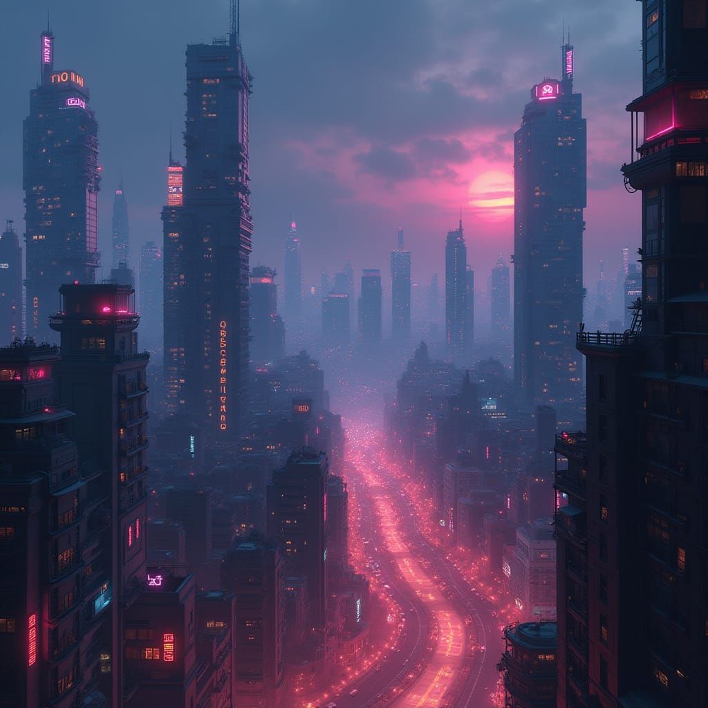 Neon Cityscape at Dusk in Cyberpunk Style