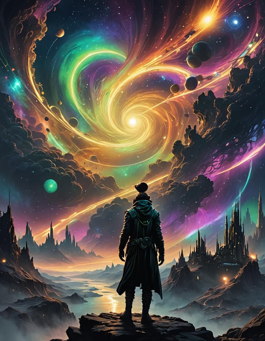 Cosmic Entity in Mystical Galaxy: Cyberpunk Dreamscape