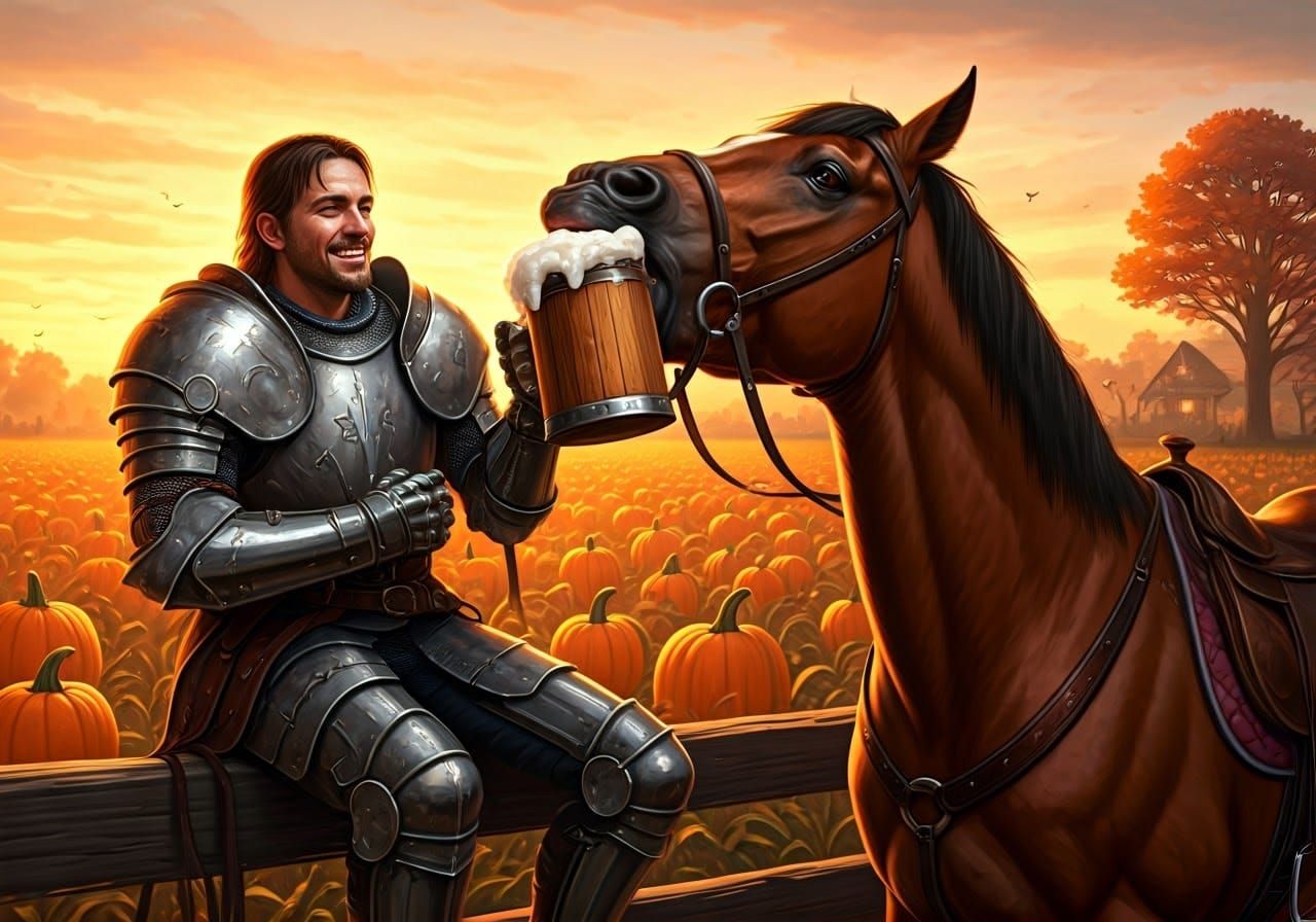Knight and Horse Sharing Beer at Sunset