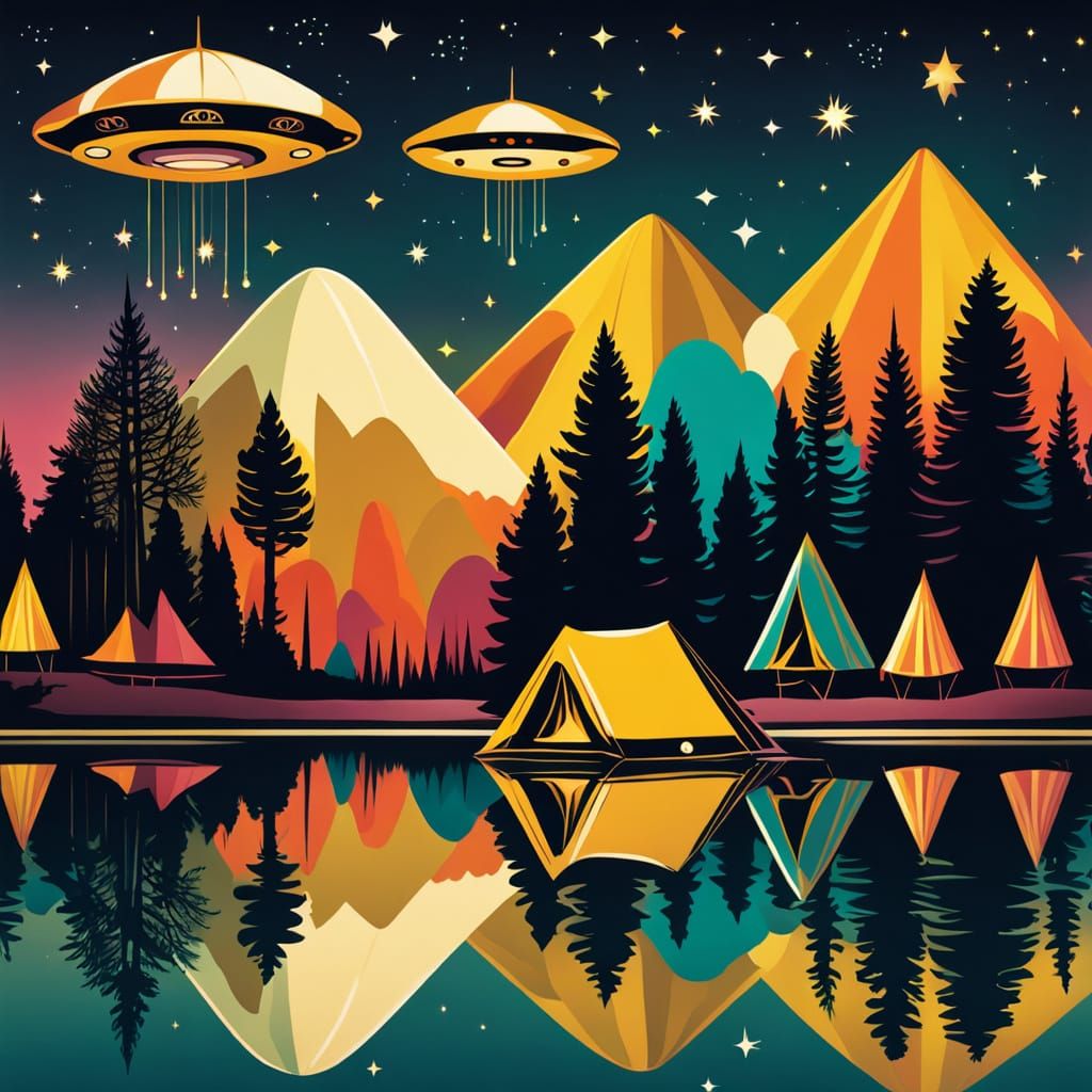 Vintage Whimsical Tents by a Lake with a UFO