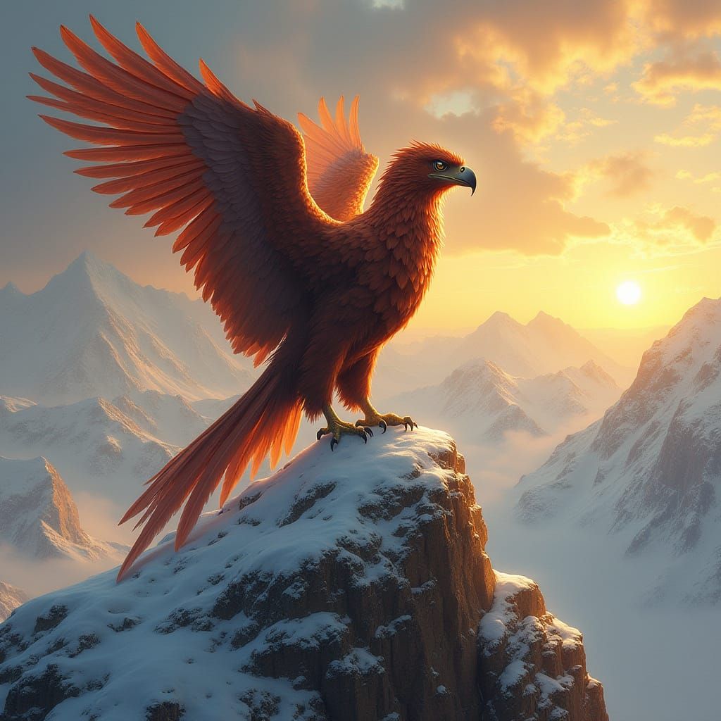 Griffin Perched Atop Snowy Mountain Peak at Sunset