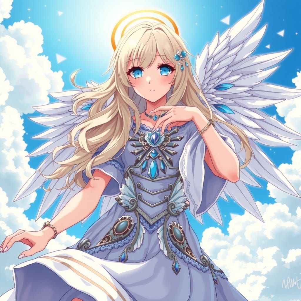 Anime Angel Descending from Heaven in Key Visual Style