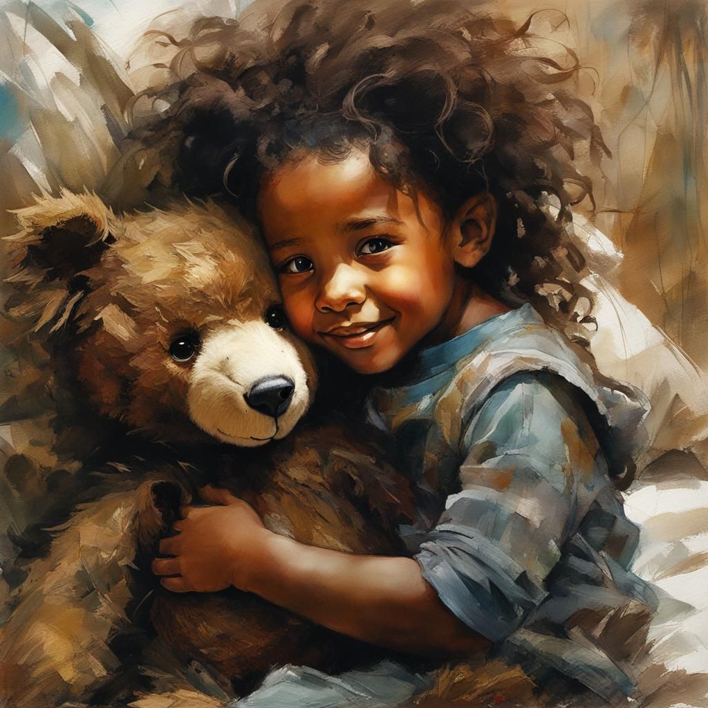 Adorable Toddler Hugging Teddy Bear in Anime Style