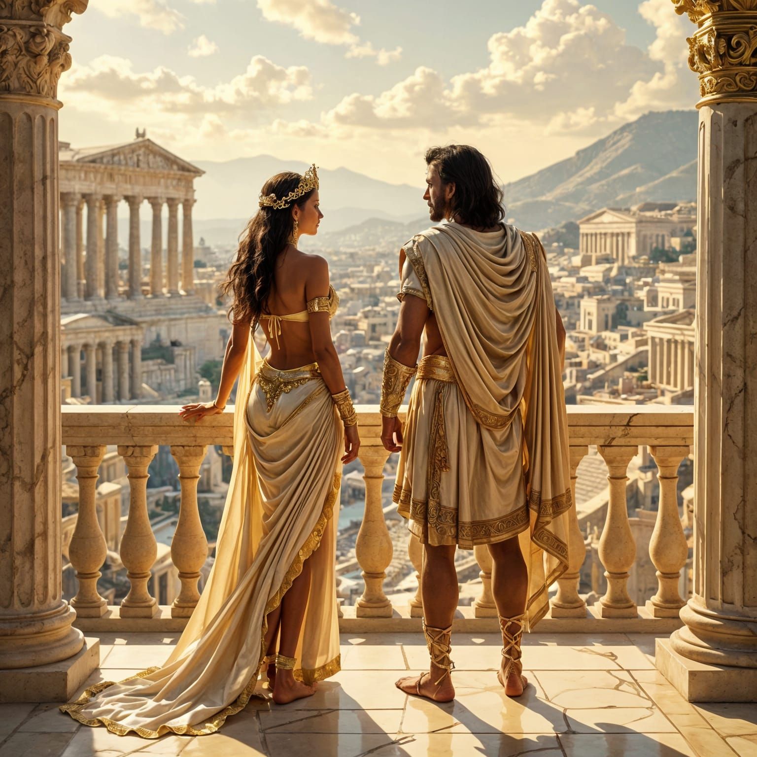 Regal Couple on Balcony Overlooking Ancient City