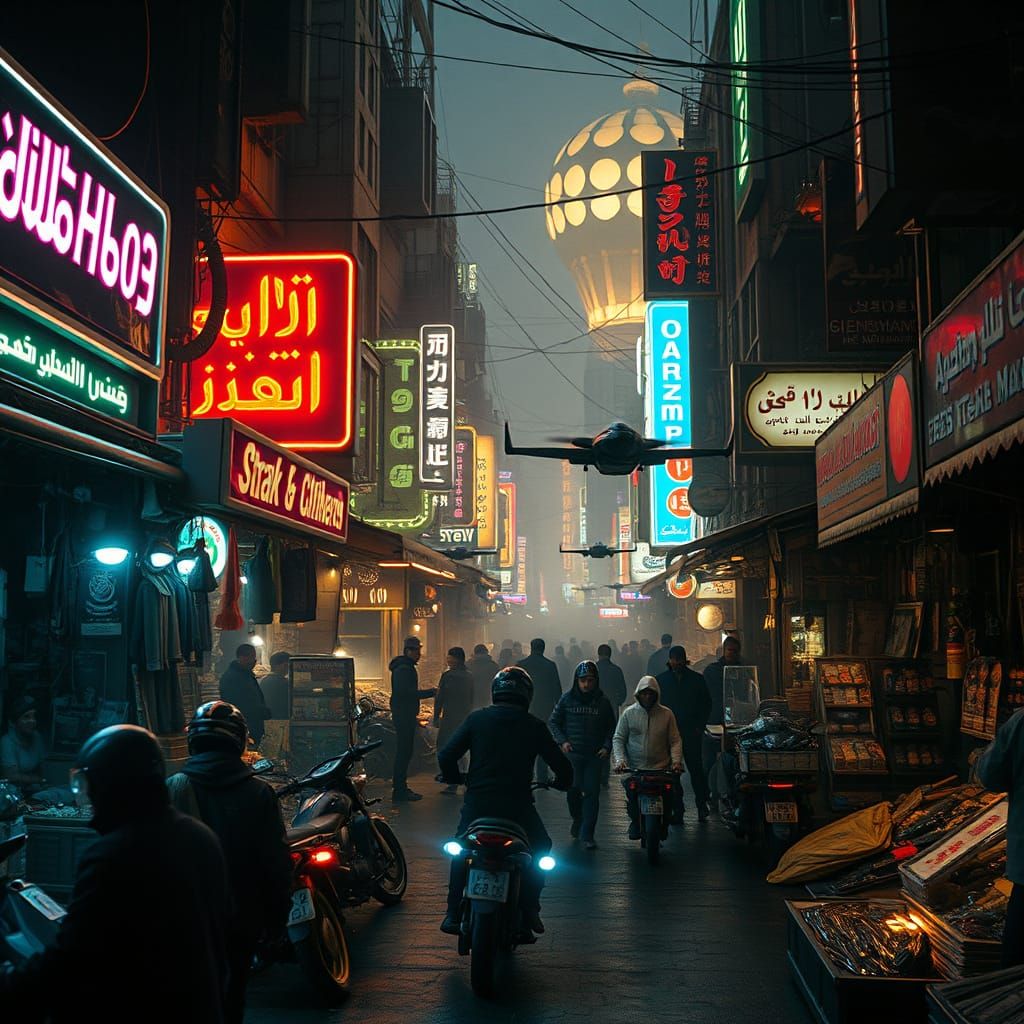 Cyberpunk Bazaar in a Futuristic Islamic City