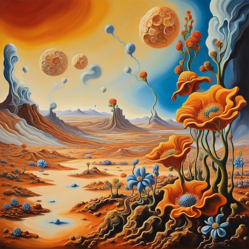 Surreal Mars Landscape with Melting Flowers in Oil