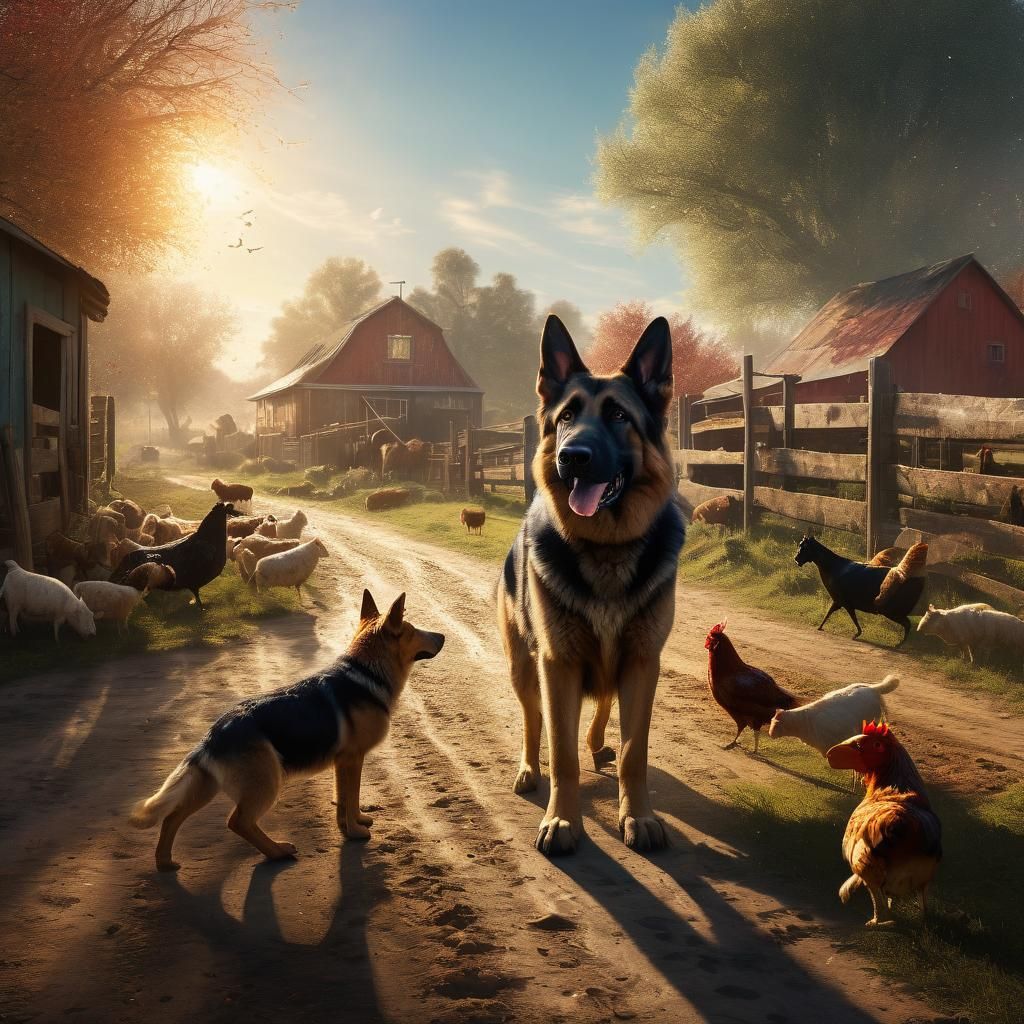 German Shepherd Guardian: Spring Morning Farm Scene
