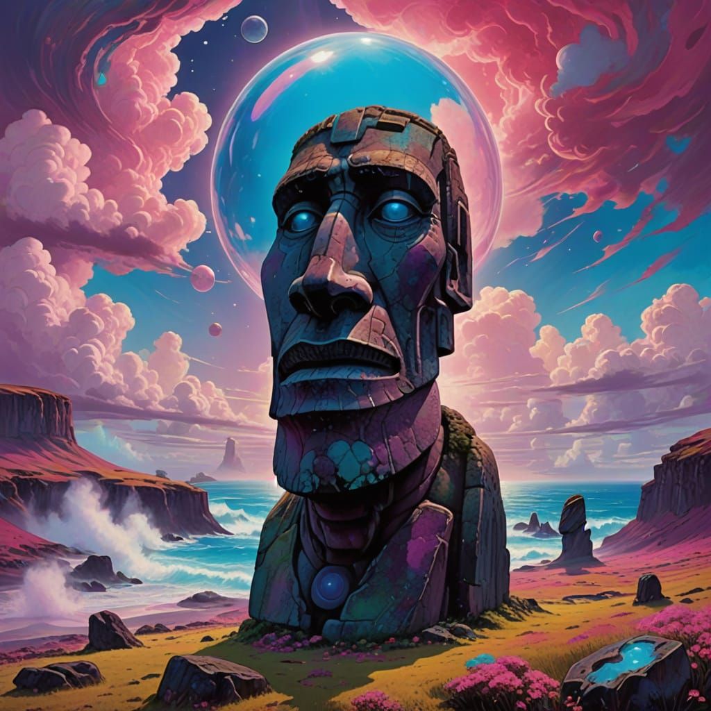 Moebius-Style Moai Blows Pink Bubble in Dreamlike Fantasy La...