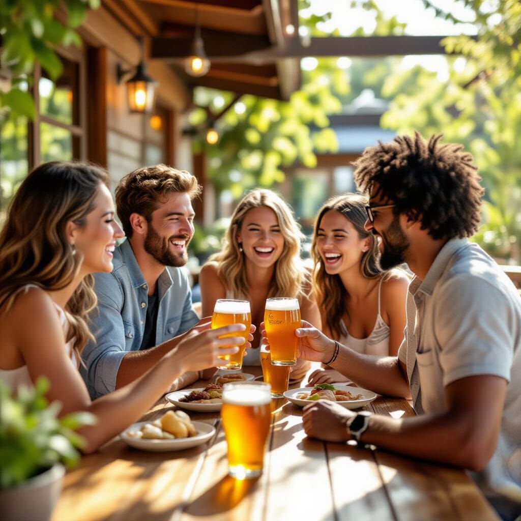 Friends Enjoying Hazy IPA at Sunny Brewery Patio
