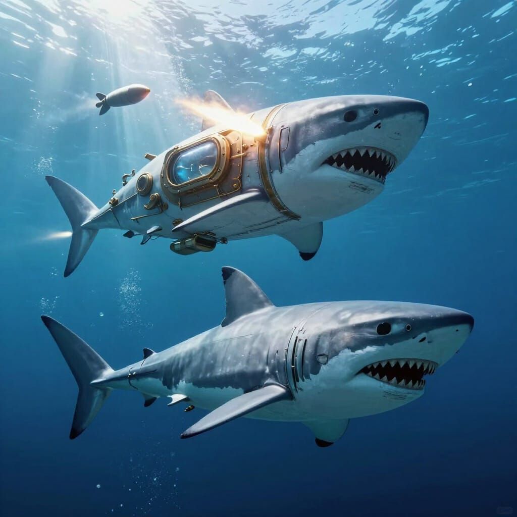 Steampunk Shark Airships in Underwater Battle