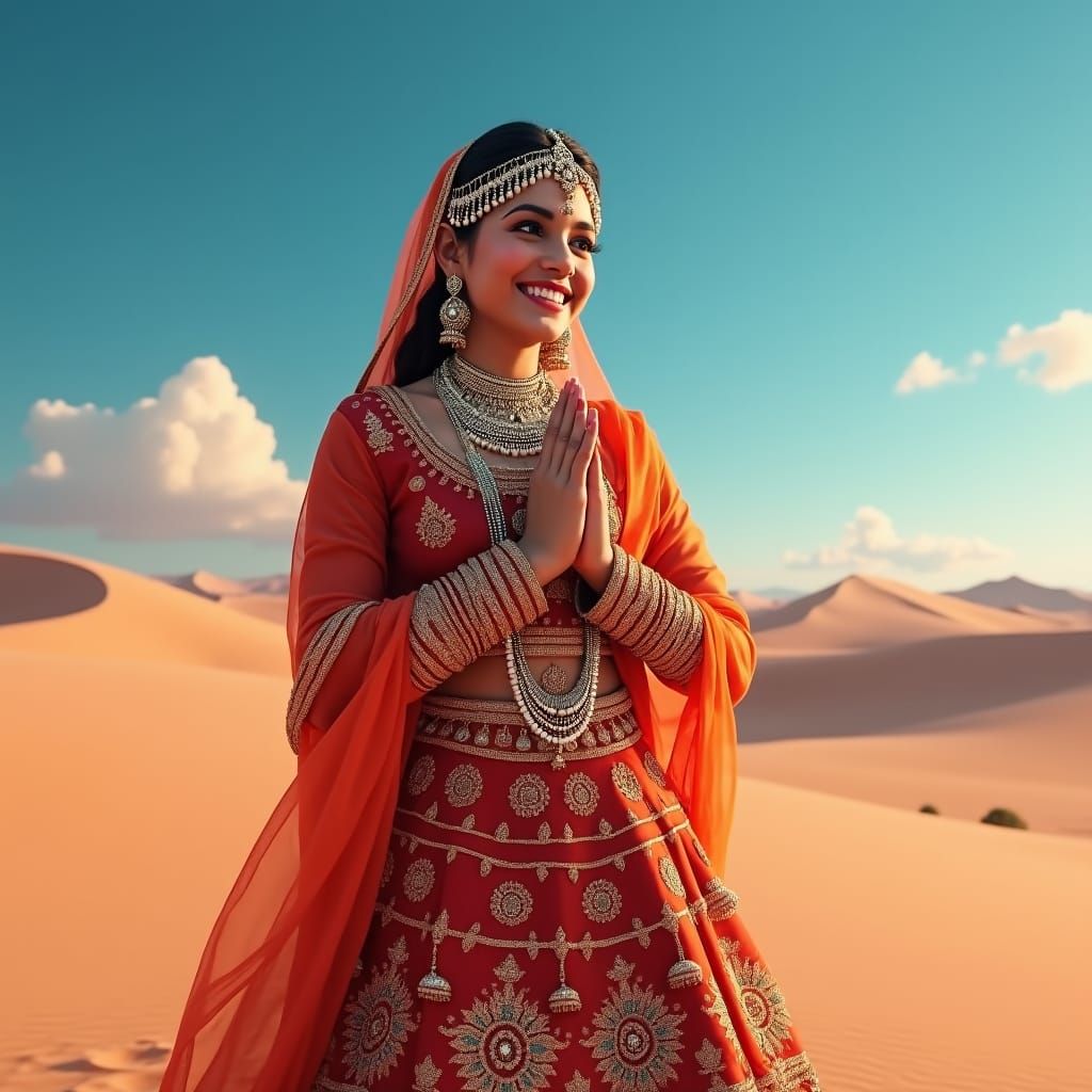 Rajasthani Girl Welcoming in Desert Landscape