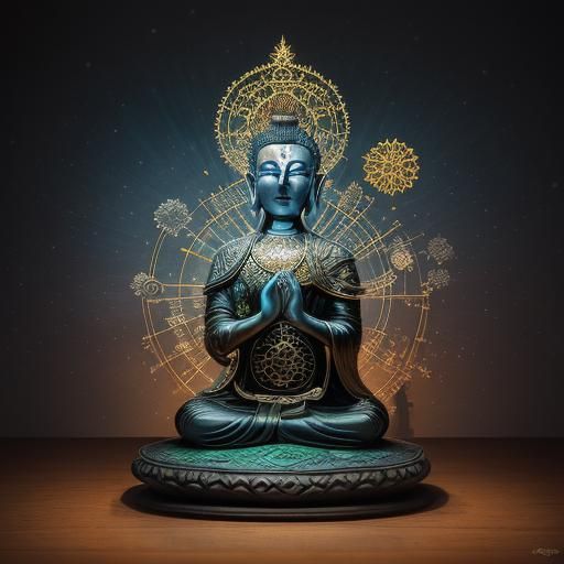 Hyperrealistic Bookish Mind with Buddha Sculpture