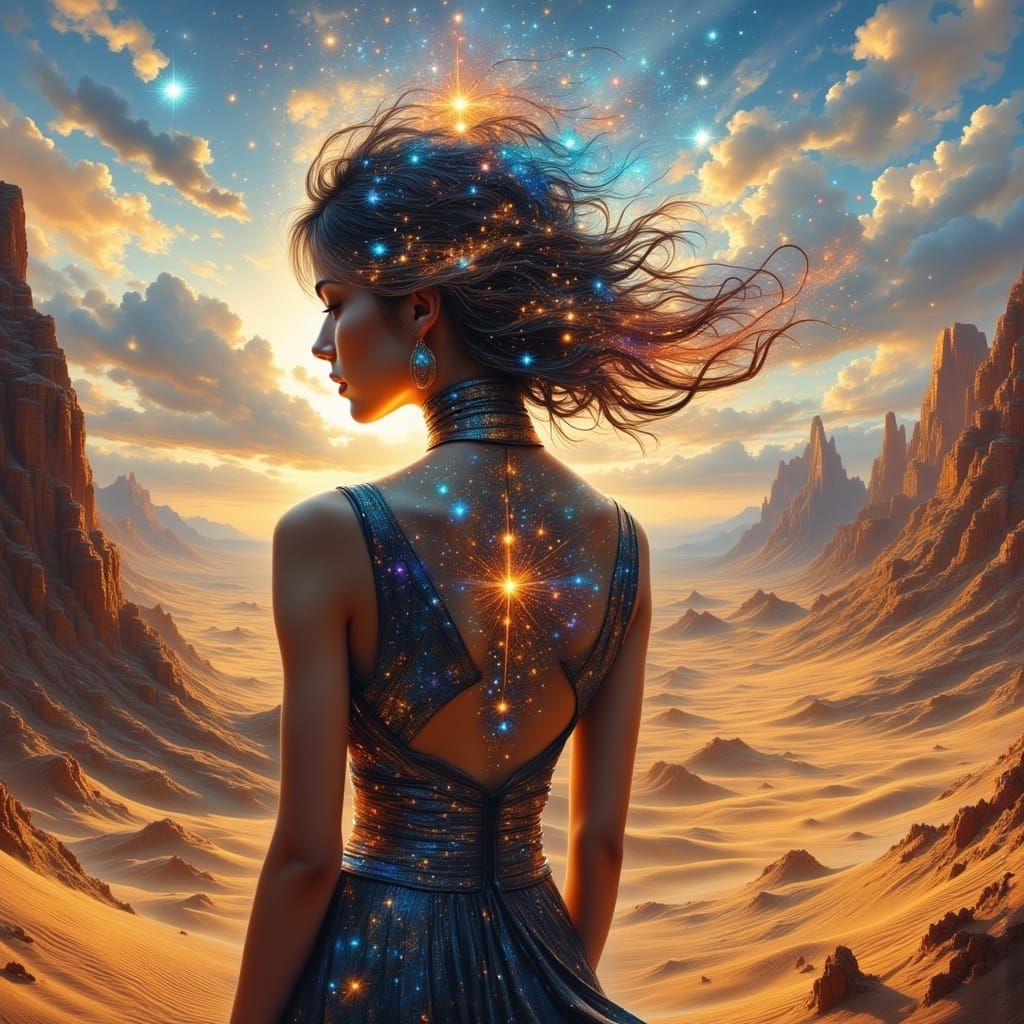 Woman with amazing starshine hair on a alien desert planet