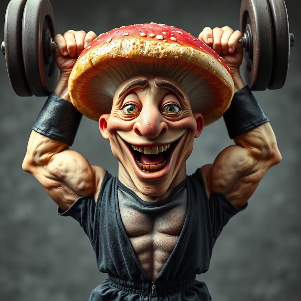 Weightlifting Mushroom in Humorous Gym Scene