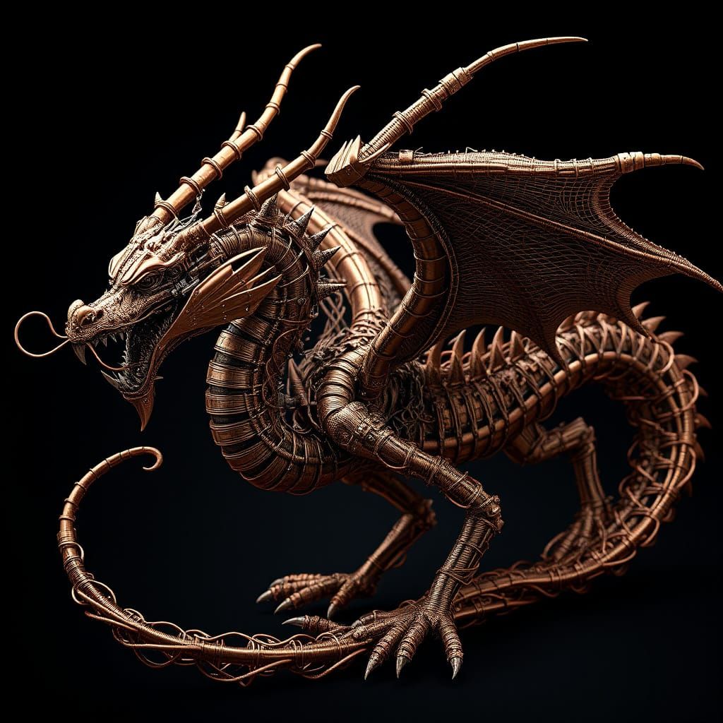 Mechanical Wire Dragon in Biomechanical Art Style