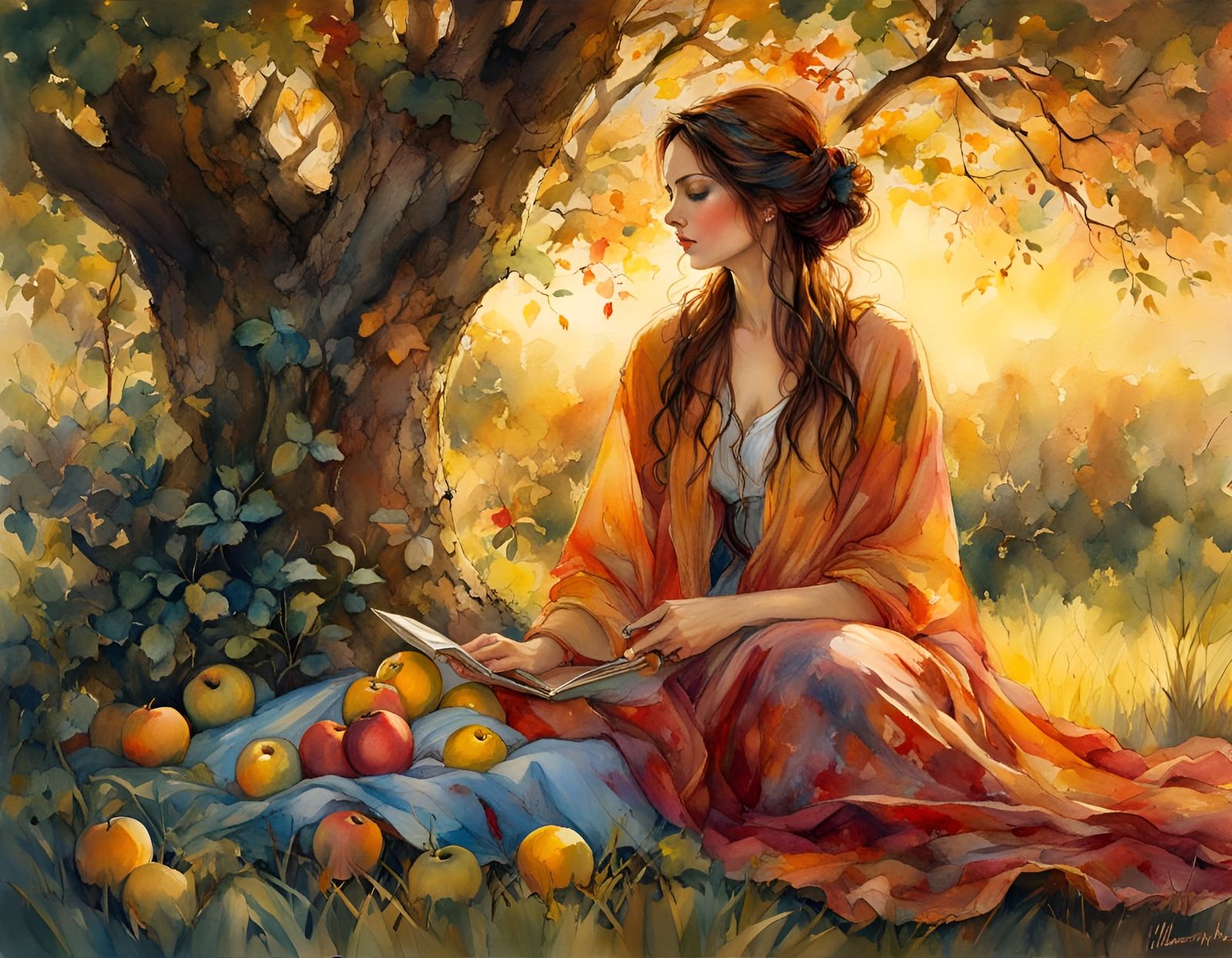 Orchard Sunset: Beautiful Woman in Waterhouse Style