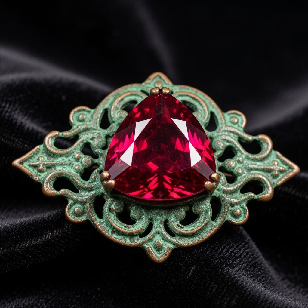 Antique Verdigris Brooch with Ruby Cuprite Gemstone