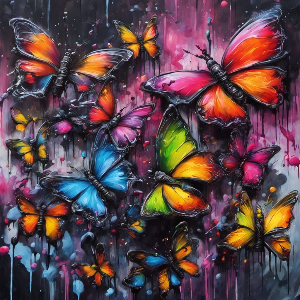 Cyberpunk Butterflies in Rain: Graffiti Street Art