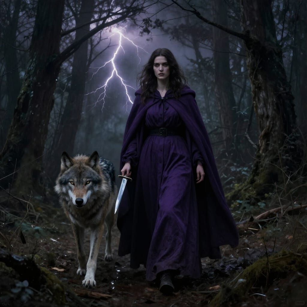 Mysterious Woman and Wolf in Stormy Forest