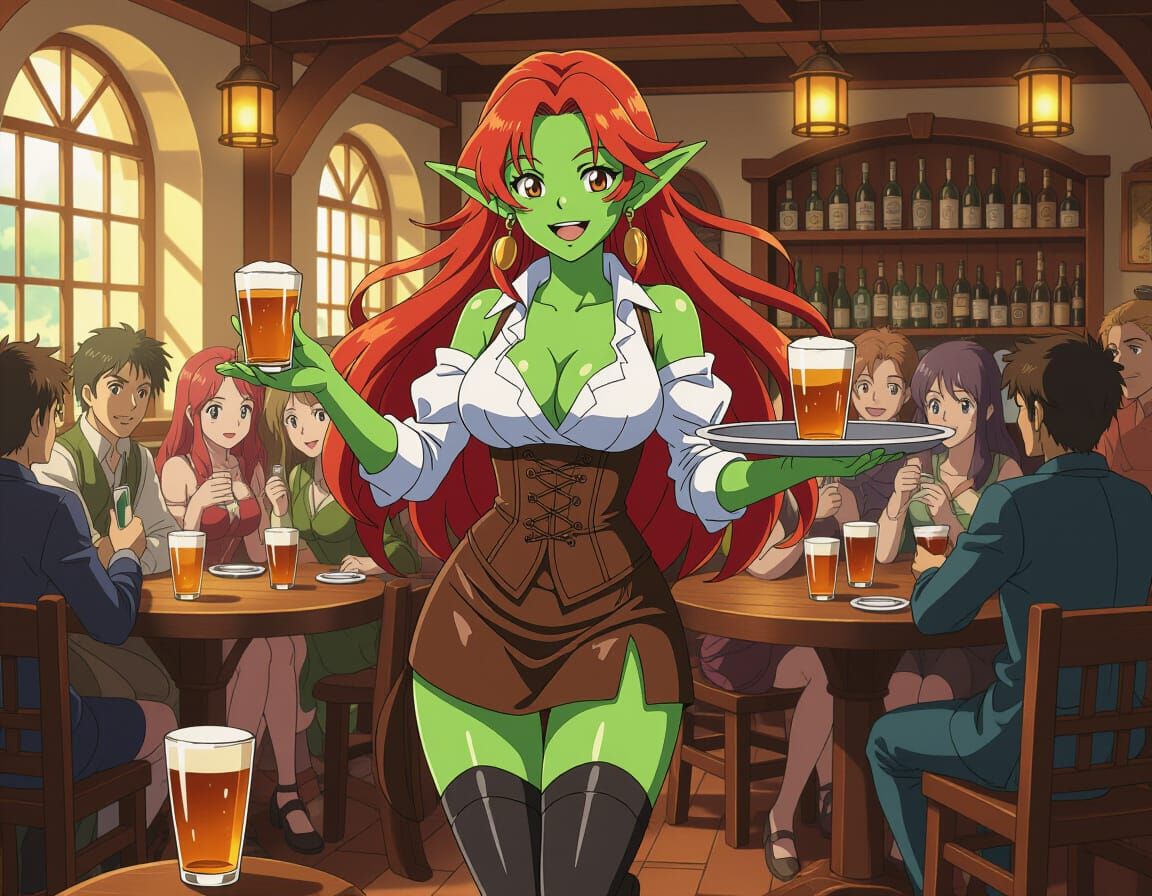 Anime Goblin Barmaid Serving Drinks in Tavern