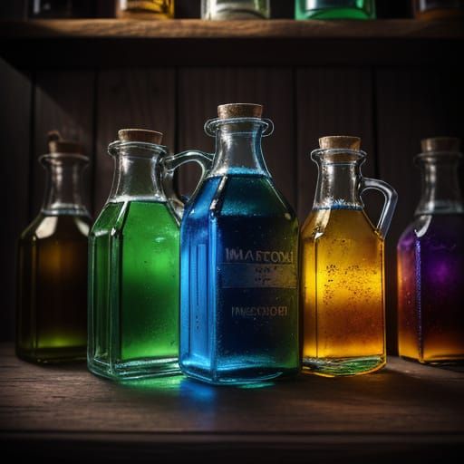 Whimsical Potions on Wooden Shelves