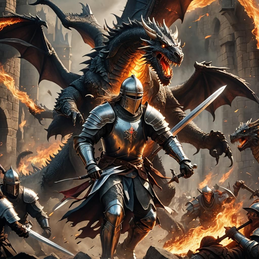 Medieval Knight Dragon Battle in Epic Fantasy Style
